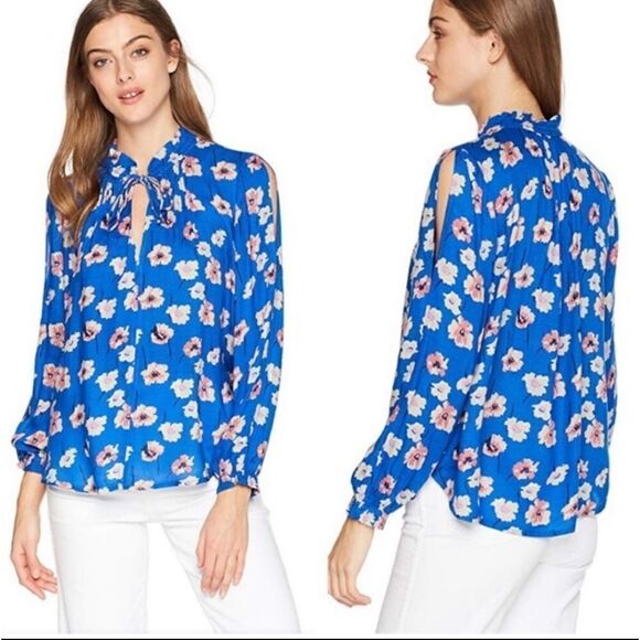 Lucky Brand | ruffle neck floral blouse cold shoulder size large - Picture 1 of 7
